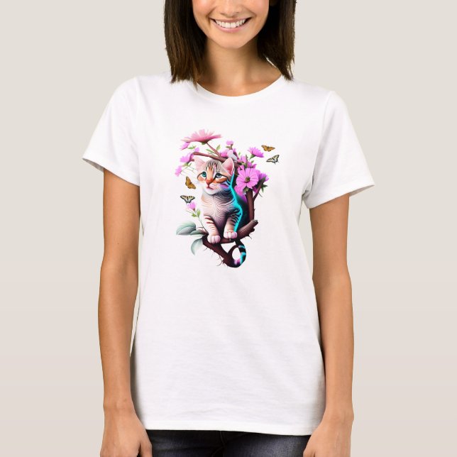 Camiseta T-Shirt De Gato Com Flor Acrílico (Frente)