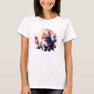 Camiseta T-Shirt De Gato Com Flor Acrílico