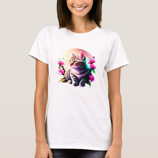 Camiseta T-Shirt De Gato Com Flor Acrílico (Frente)