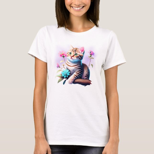 Camiseta T-Shirt De Gato Com Flor Acrílico (Frente)