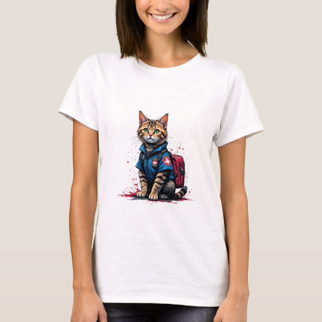 Camiseta T-Shirt de Gato de Emergência - Gato Médico Heroic (Frente)