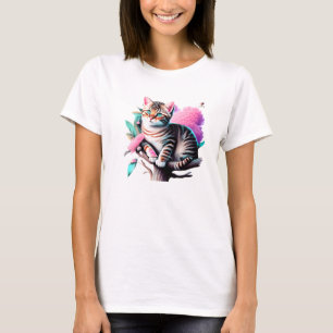 Camiseta T-Shirt De Gato De Flor Acrílico