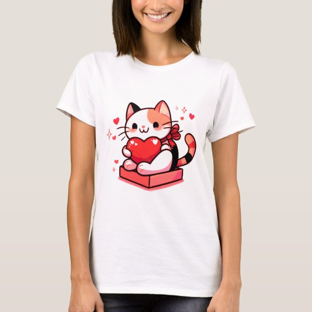 Camiseta T-Shirt de Gato Segurador de Coração (Frente)