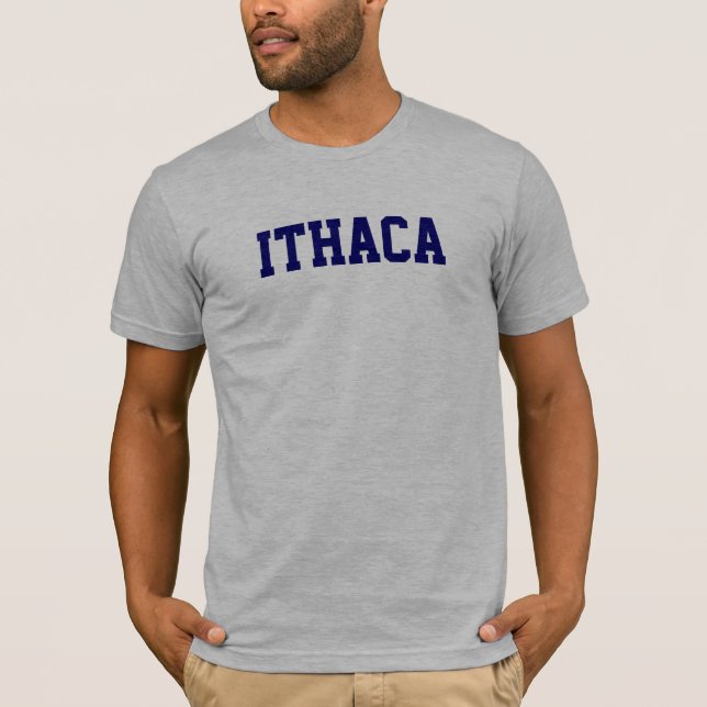 Camiseta T-shirt de Ithaca no cinza da urze com azuis (Frente)