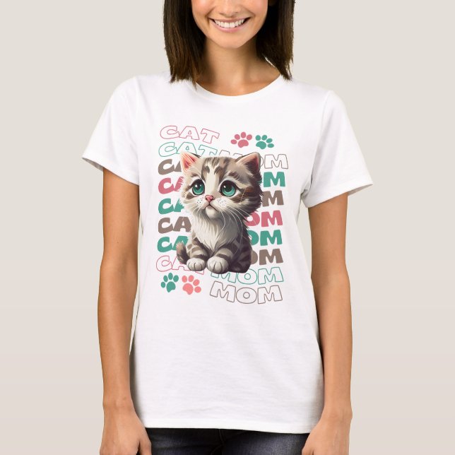 Camiseta T-Shirt de Mãe Gato Bonito com Gatinho Adorável (Frente)