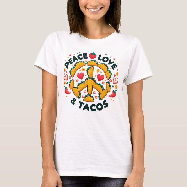 Camiseta T-shirt de paz, amor e tacos (Frente)