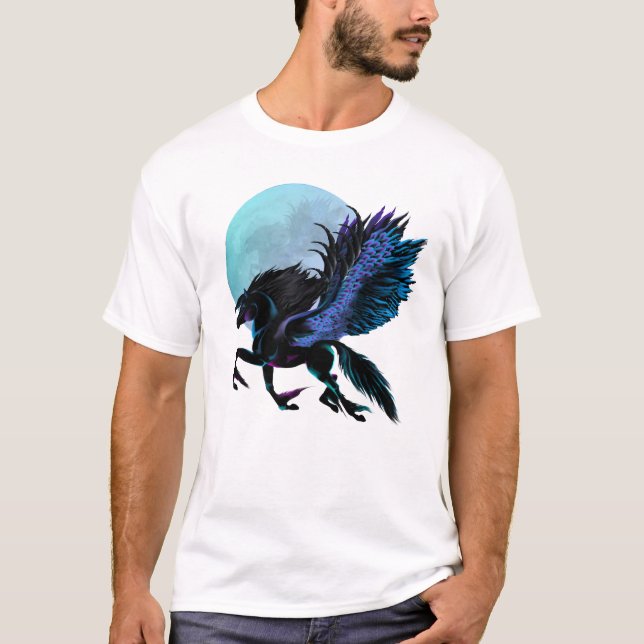 Camiseta T-shirt de Pegasus preto e da lua azul (Frente)