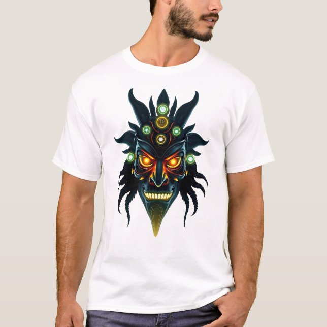 Camiseta T-Shirt de Sonho Cósmico com Máscara Tribal (Frente)