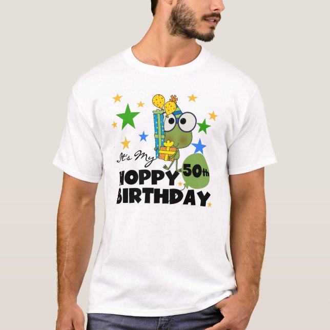 Camiseta T-shirt do aniversário do sapo Hoppy 50th (Frente)