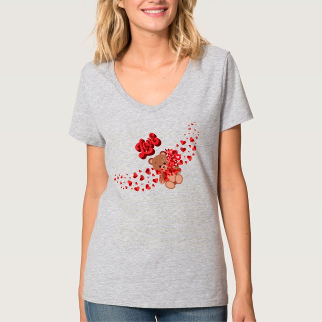Camiseta T-Shirt do Casal de Urso de Amor e Rosas Infinitos (Frente)
