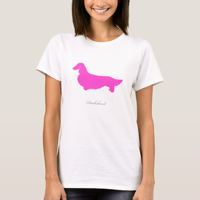 Camiseta T-shirt do Dachshund (versão longa cor-de-rosa 1 (Frente)