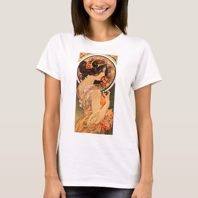 Camiseta T-shirt do deslizamento da vaca de Alphonse Mucha (Frente)