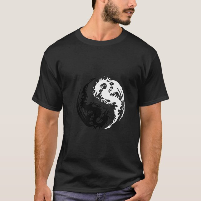 Camiseta T-shirt do dragão de Yin Yang preto e branco (Frente)
