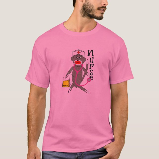 Camiseta T-shirt do macaco da peúga da enfermeira (Frente)