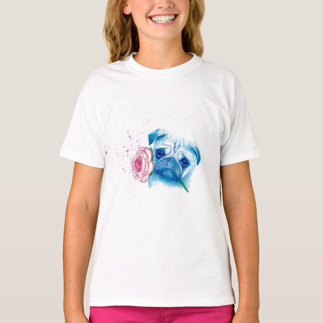 Camiseta T-shirt do plissado das meninas do amor do Pug (Frente)