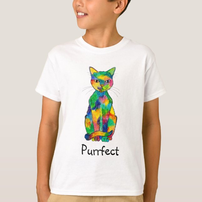 Camiseta T-shirt do Raglan de Purrfect do gato do arco-íris (Frente)