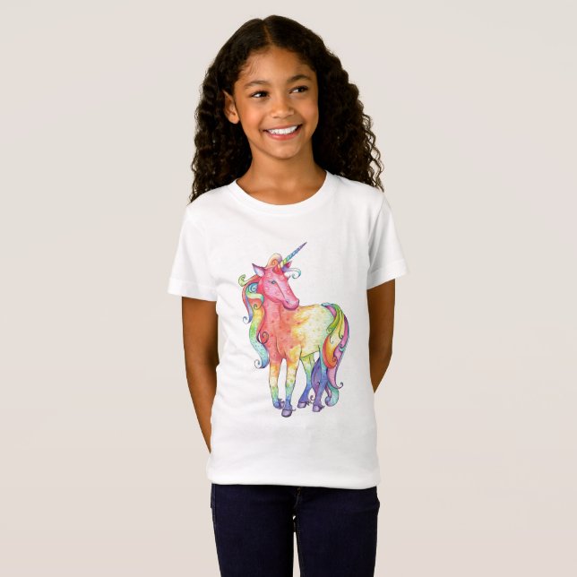 Camiseta T-shirt do unicórnio do arco-íris das meninas (Frente Completa)