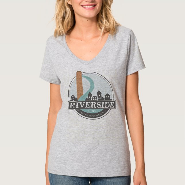 Camiseta T-shirt do V-pescoço das mulheres do #riversideatl (Frente)