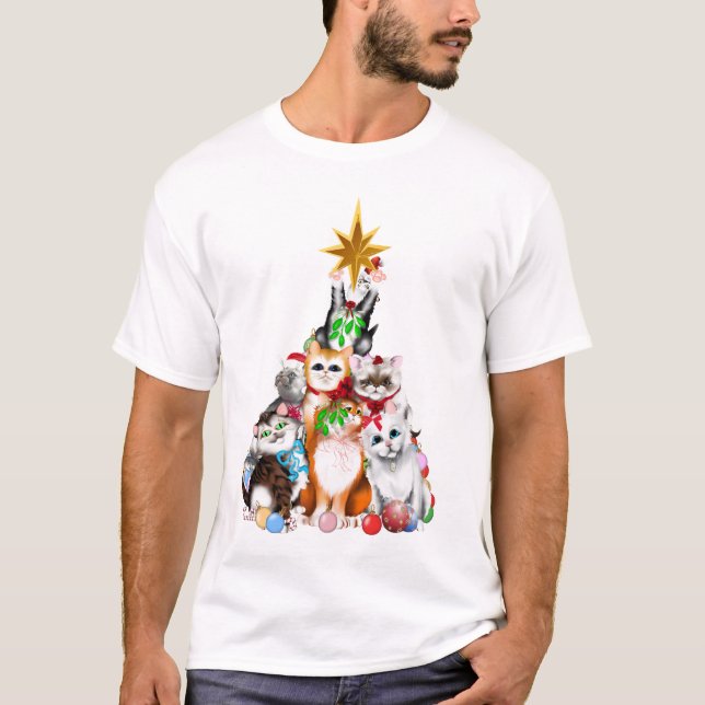 Camiseta T-shirt dos gatinhos da árvore de Natal (Frente)