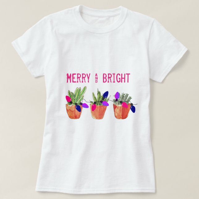 Camiseta T-shirt dos Succulents e das luzes de Natal (Frente do Design)