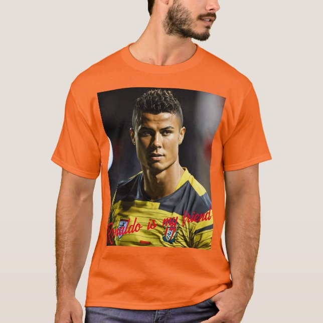 Camiseta T-Shirt é cor laranja. (Frente)