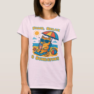 Camiseta T-Shirt Engraçado Cat Beach - Patas, Relaxe e Sunb