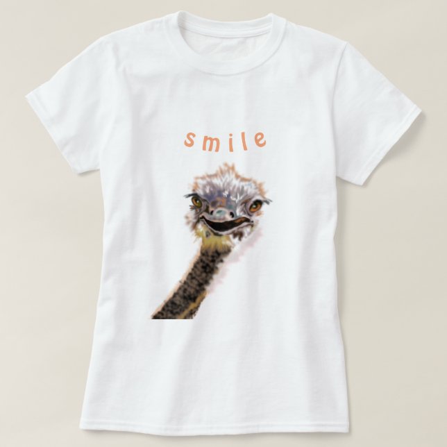 Camiseta T-Shirt Engraçado com avestruz feliz - Sorria (Frente do Design)