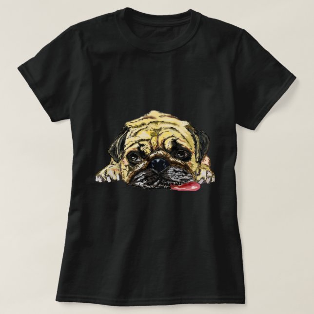 Camiseta T-Shirt Engraçado com Cachorro-Pug - Cansado (Frente do Design)