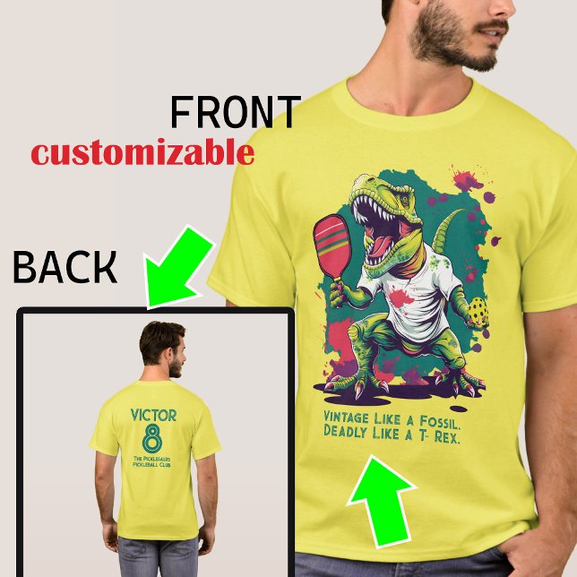 Camiseta T-Shirt Engraçado com T-Rex (T-rex pikleball t-shirt, customizable tex on both sides)