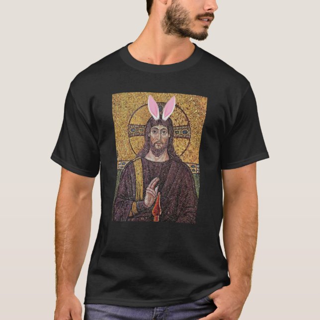 Camiseta T-shirt engraçado de Jesus do coelhinho da Páscoa (Frente)