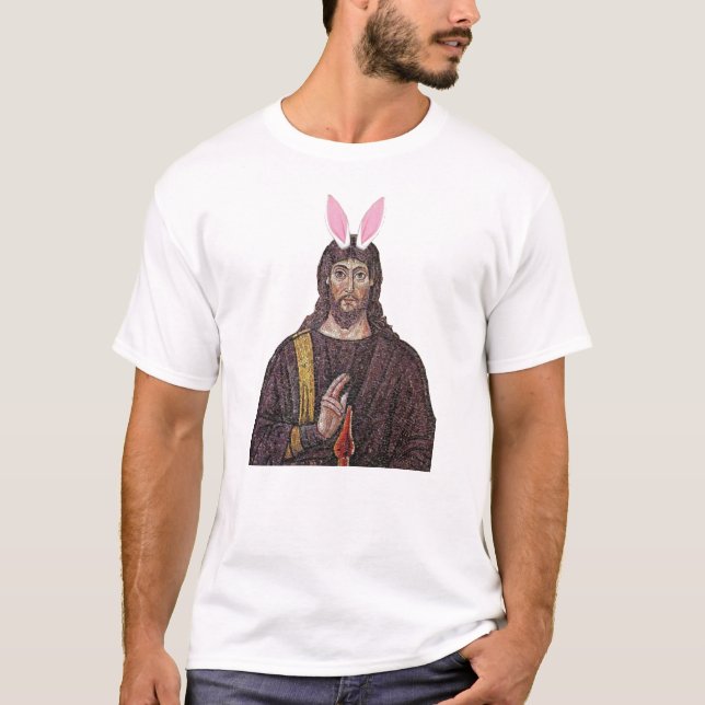 Camiseta T-shirt engraçado de Jesus do coelhinho da Páscoa (Frente)