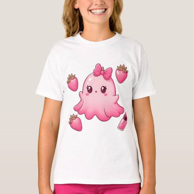 Camiseta T-Shirt Fantasma Rosa Adorável - Suave (Frente)