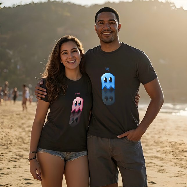 Camiseta T-shirt fantôme bleu nom perso fanart PacMan noir (T-shirt fantôme rose & bleu nom perso fanart PacMan noir)