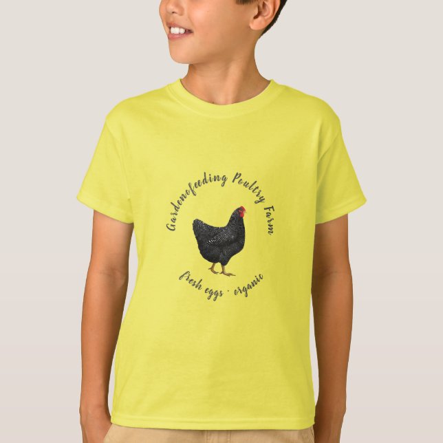 Camiseta T-Shirt, fazenda de frango preto amarelo (Frente)