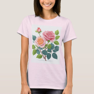 Camiseta t-shirt feminina com algumas rosas cor-de-rosa