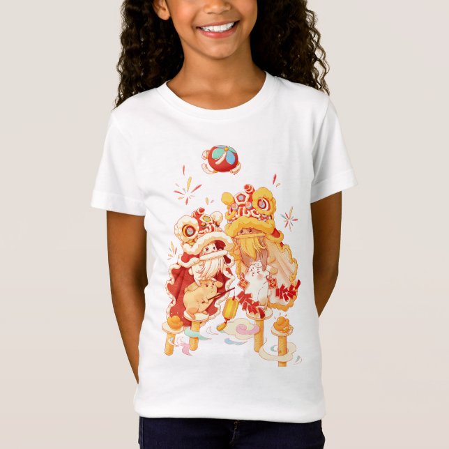 Camiseta T-Shirt Festivo Lunar Novo Ano Lion Dance Rabbit (Frente)