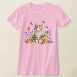 Camiseta T-Shirt Floral de Gato e Borboleta