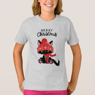 Camiseta T-Shirt for Girls with a Cat and Christmas Greetin