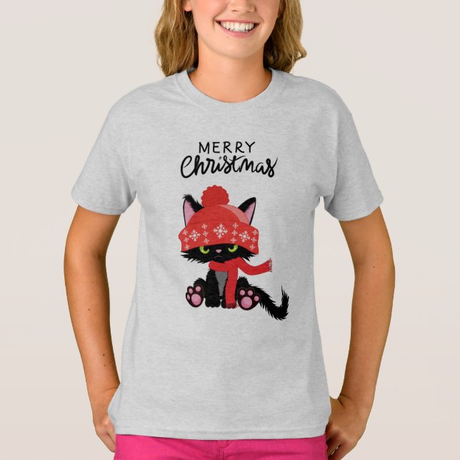 Camiseta T-Shirt for Girls with a Cat and Christmas Greetin (Frente)