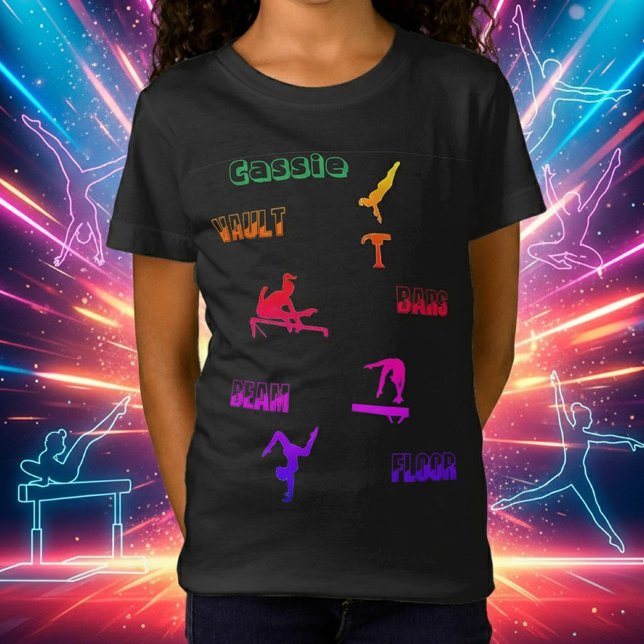 Camiseta T-Shirt ginástica - Cofre, Bares, Feixe, Chão (Personalized Gymnastics Rainbow T-Shirt - Custom Name & Event Design!)