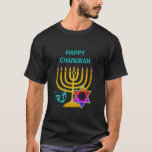 Camiseta T-Shirt HELY CHANUKAH<br><div class="desc">Camiseta elegante,  na moda HANUKKAH,  projetada com uma falsa menorah dourada,  estrela colorida de David e sonho prateado mais GREETING PERSONALIZÁVEL,  para que você possa criar sua própria saudação. Ideal para a estação de Hanukkah. Escolha entre uma ampla seção de roupas e presentes de Chanucá,  desenhados por Designs Bereanos.</div>