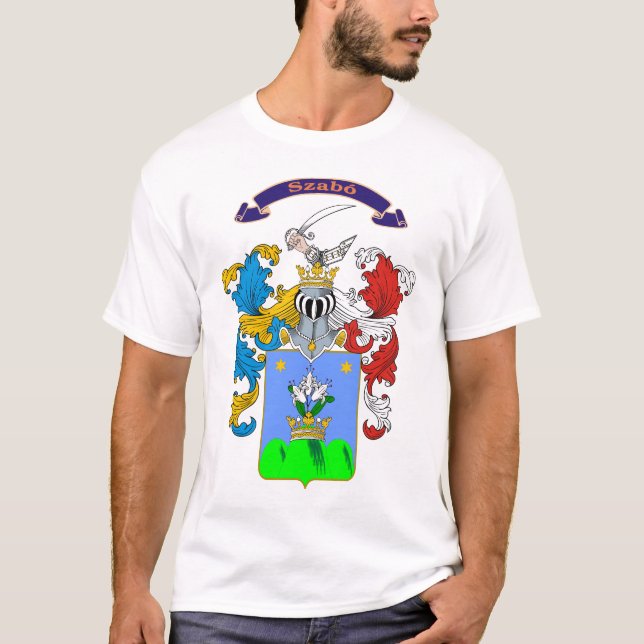 Camiseta T-shirt húngaro da brasão da família de Szabo (Frente)