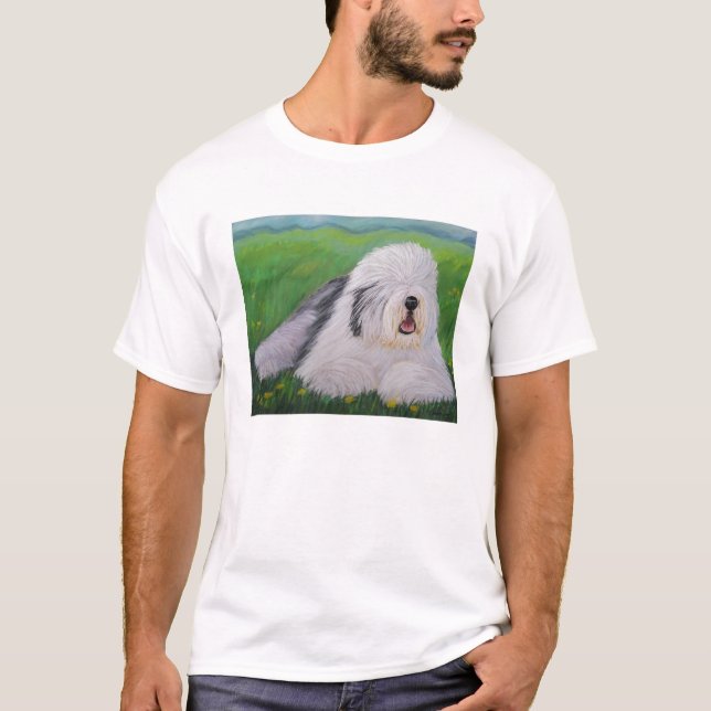 Camiseta T-shirt inglês velho do Sheepdog por Sharon Nummer (Frente)