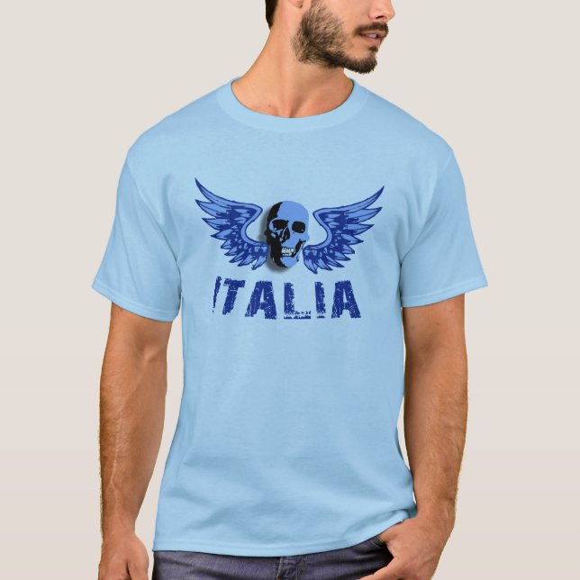 Camiseta T-shirt italiano azul dos homens do crânio (Frente)