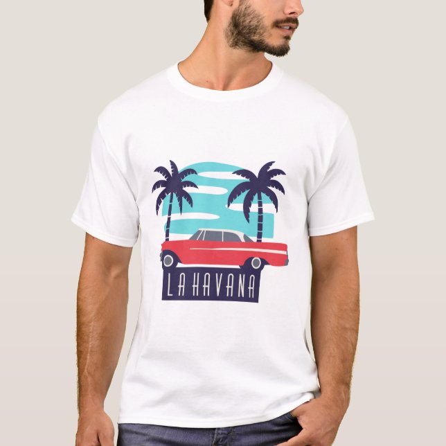 Camiseta T-shirt la havana, cuba chevrolet palm e salsa,  (Frente)