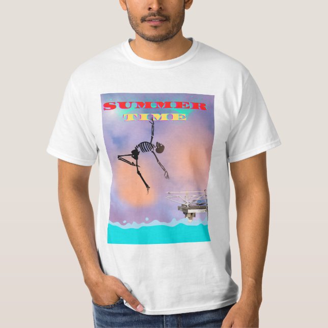 Camiseta T-shirt, lustig, Skelett springt ins Meer (Frente)