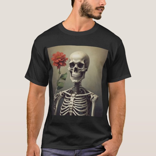 Camiseta T-shirt Mens - Retrato esquelético com Rosa (Frente)