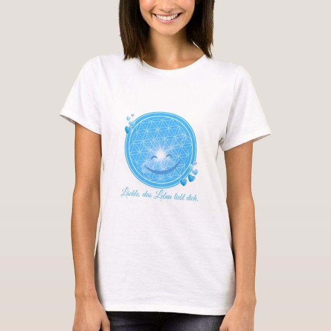 Camiseta T-Shirt mit Blume des Lebens & Blüten Blau, Herz (Frente)
