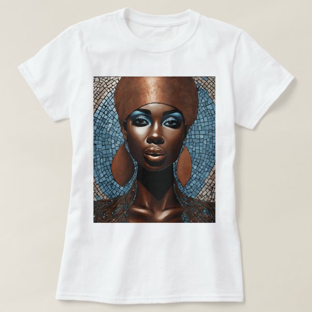 Camiseta T-Shirt Mosaico de Cobre Azul-Mulher Negra (Frente do Design)