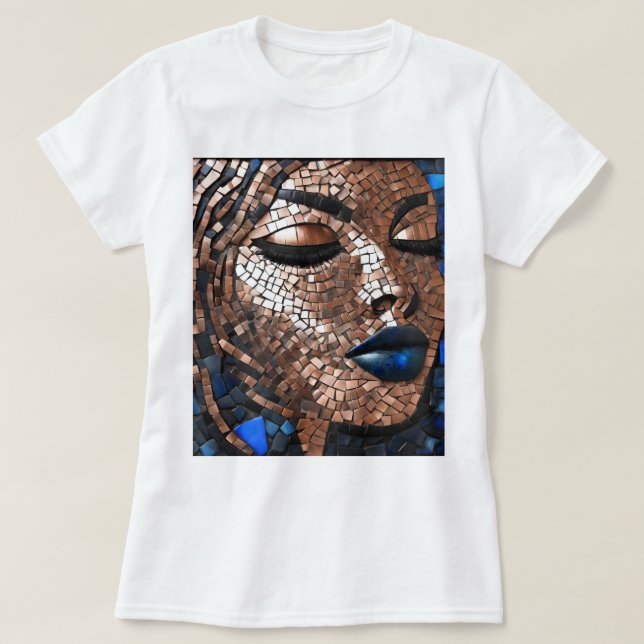 Camiseta T-Shirt Mosaico de Cobre Azul-Mulher Negra (Frente do Design)